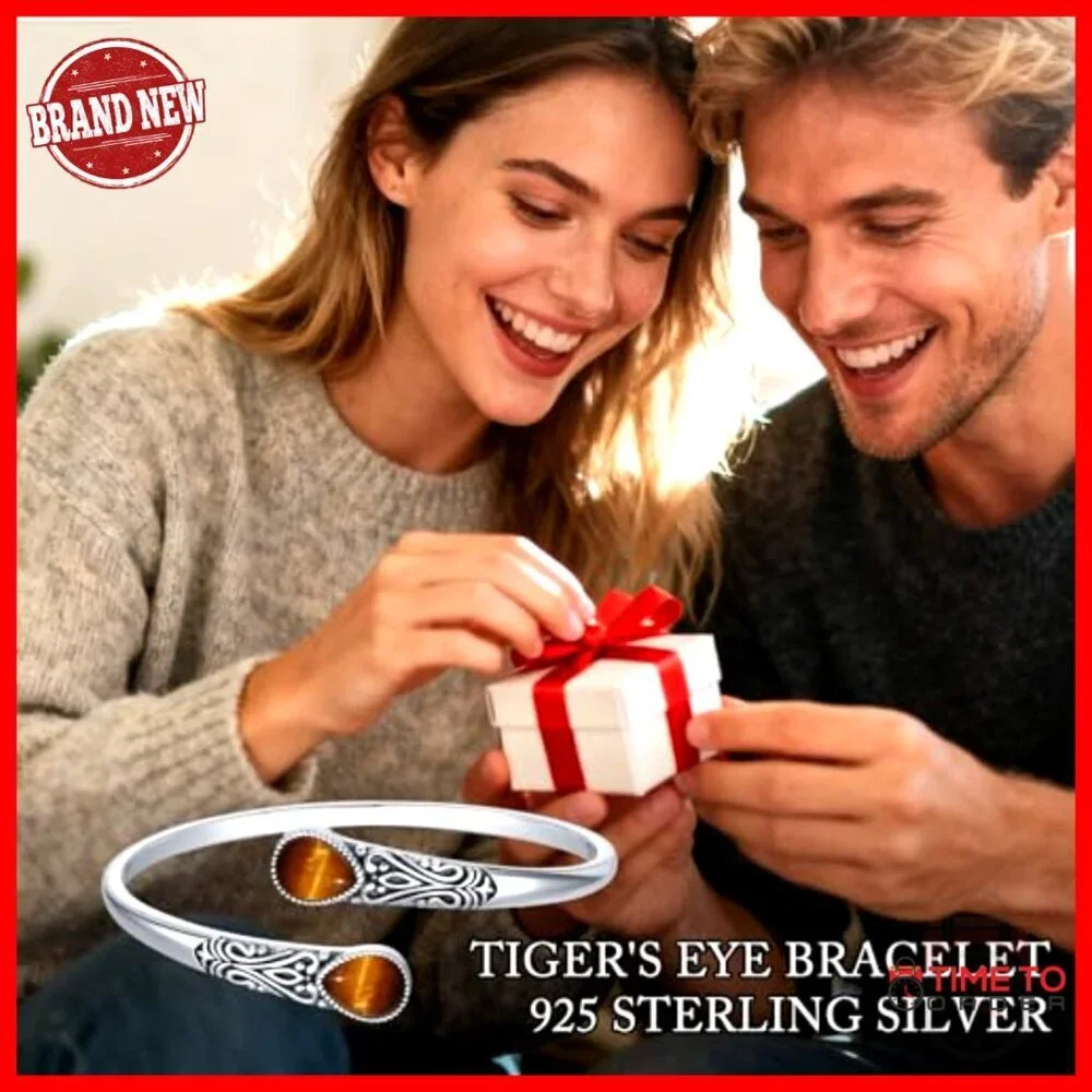Sterling Silver Tiger Eye Adjustable Bangle Bracelet Boho Navajo Style Jewelry